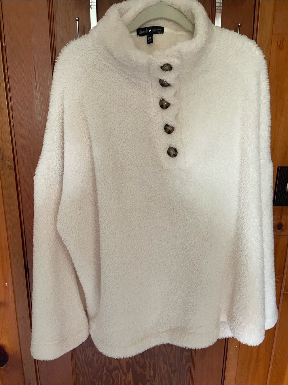 Derek Heart Cream Plush Funnel Neck Button Pullover